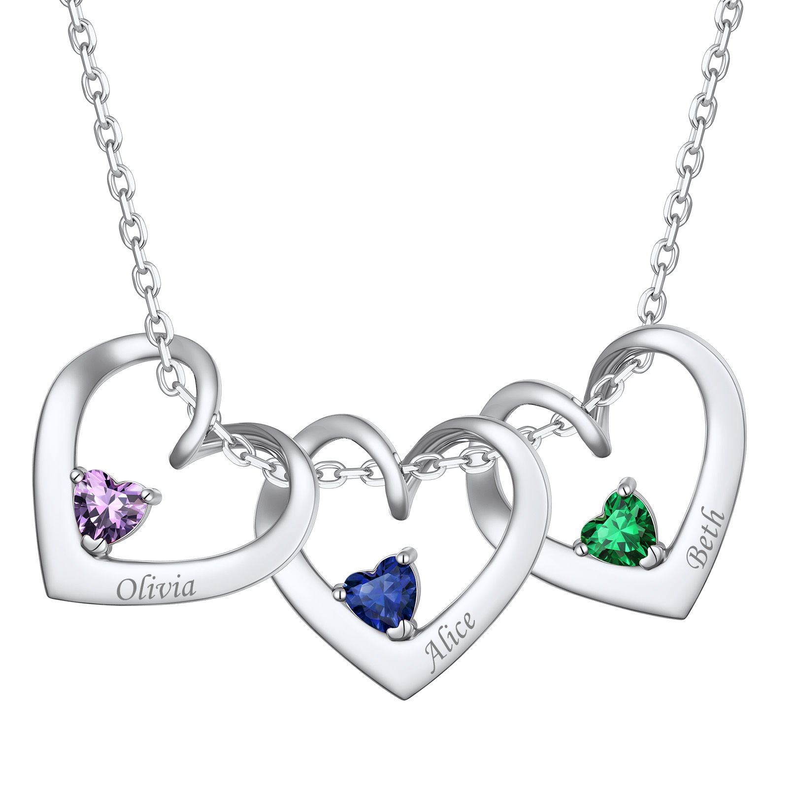 Personalized Name Family Birthstones Necklace With 3 Hearts silver