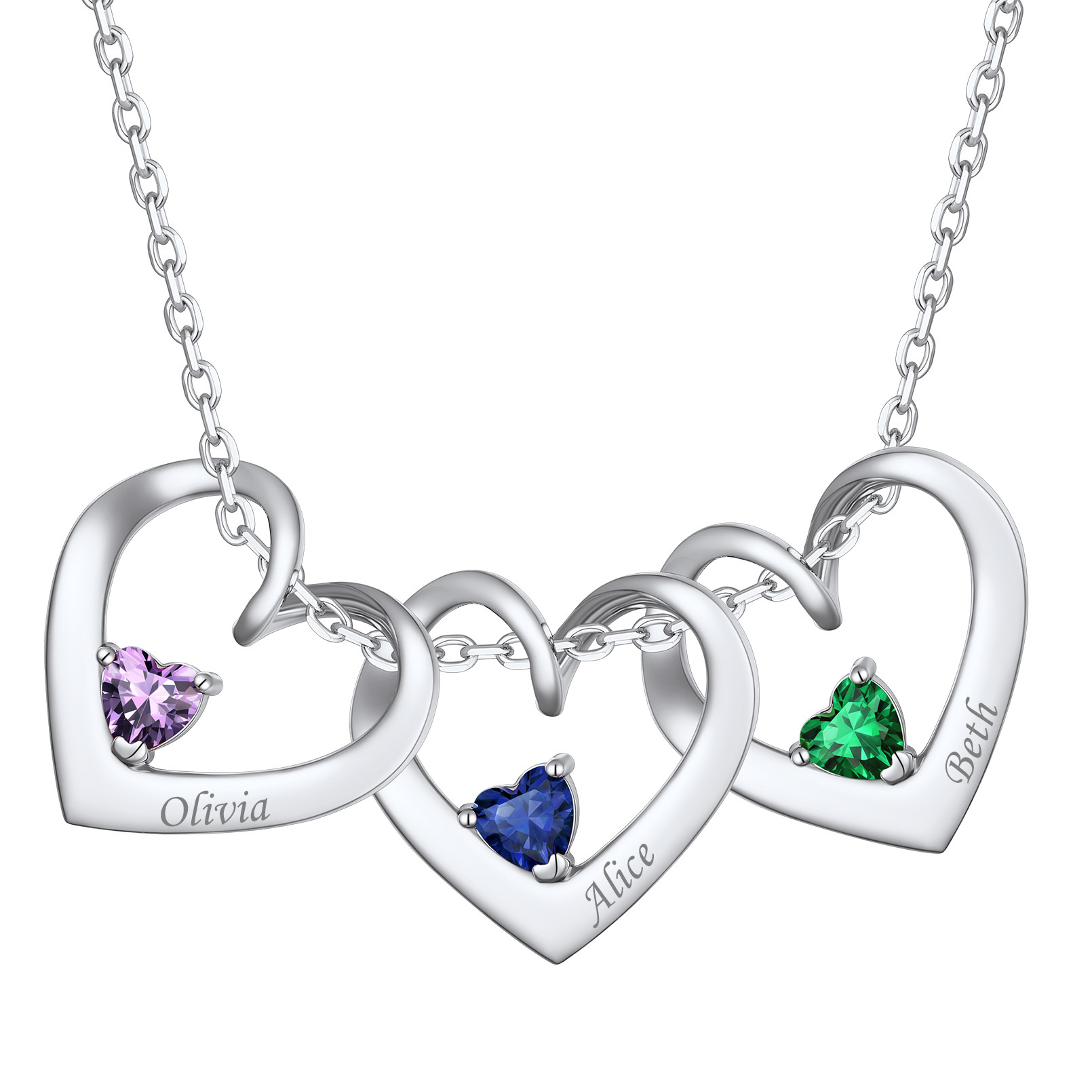 Personalized Name Family Birthstones Necklace With 3 Hearts silver