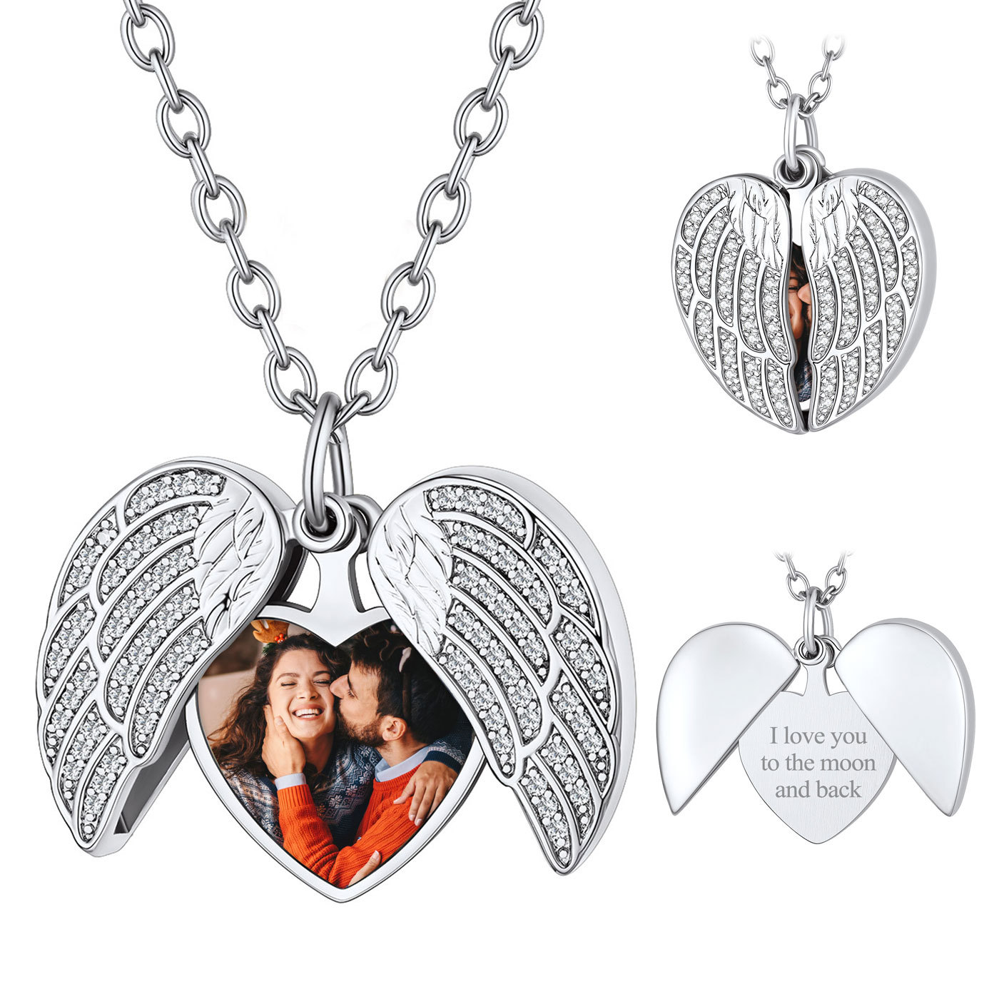 Personalized Angel Wings Heart Locket Necklace with Picture For Women