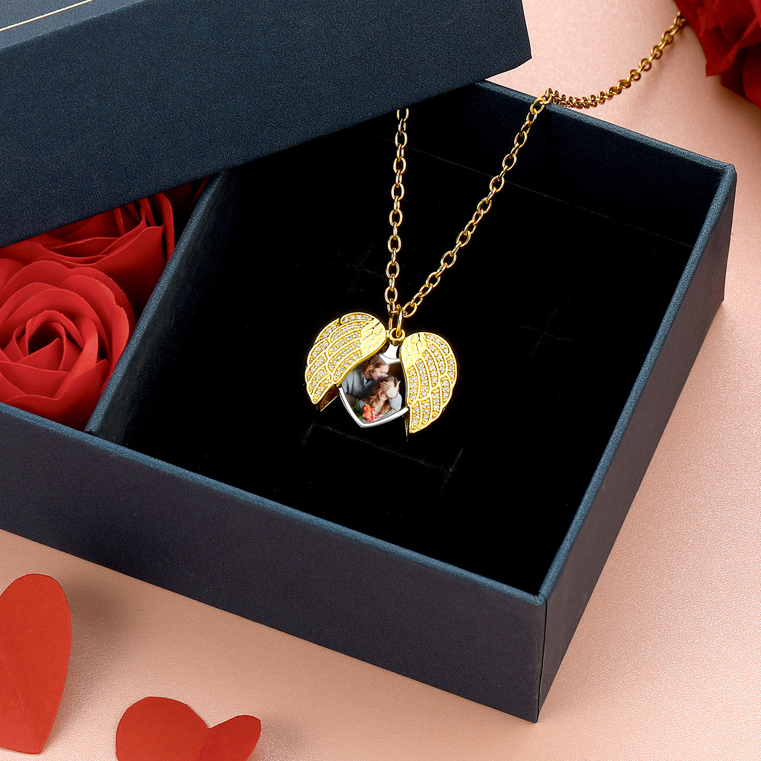 Personalized Angel Wings Heart Locket Necklace with Picture For Women