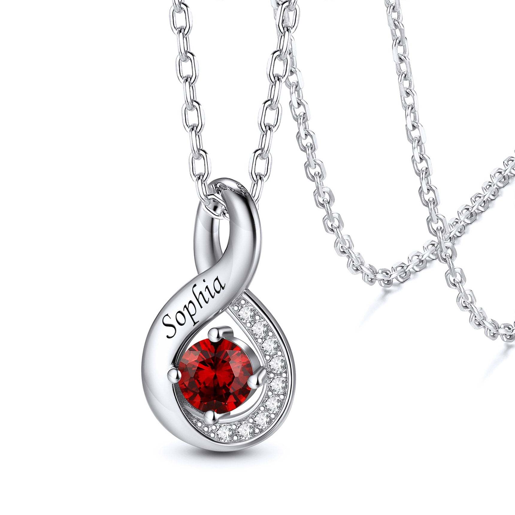 Personalized Sterling Silver Infinity 1-4 Birthstones Necklace for Mom with Kids Names