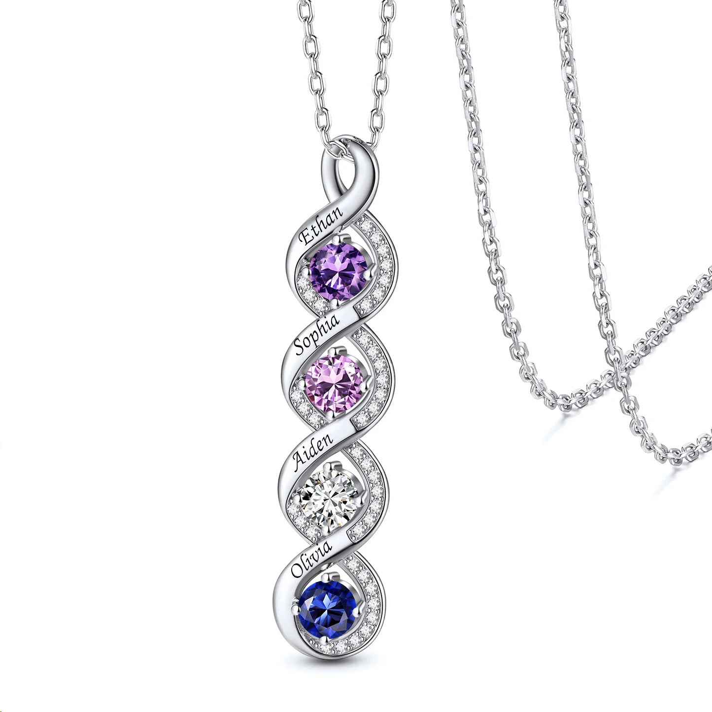 Personalized Sterling Silver Infinity 1-4 Birthstones Necklace for Mom with Kids Names