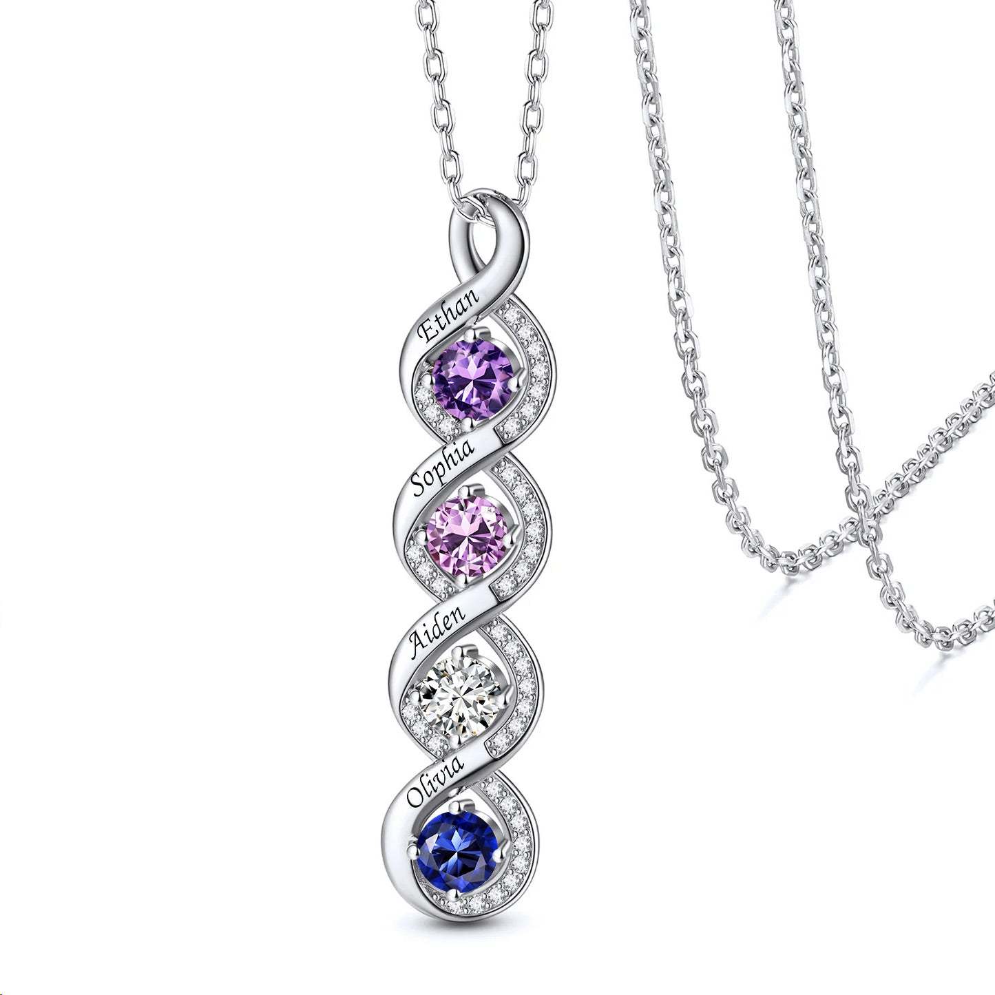 Personalized Sterling Silver Infinity 1-4 Birthstones Necklace for Mom with Kids Names
