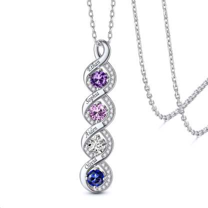 Personalized Sterling Silver Infinity 1-4 Birthstones Necklace for Mom with Kids Names
