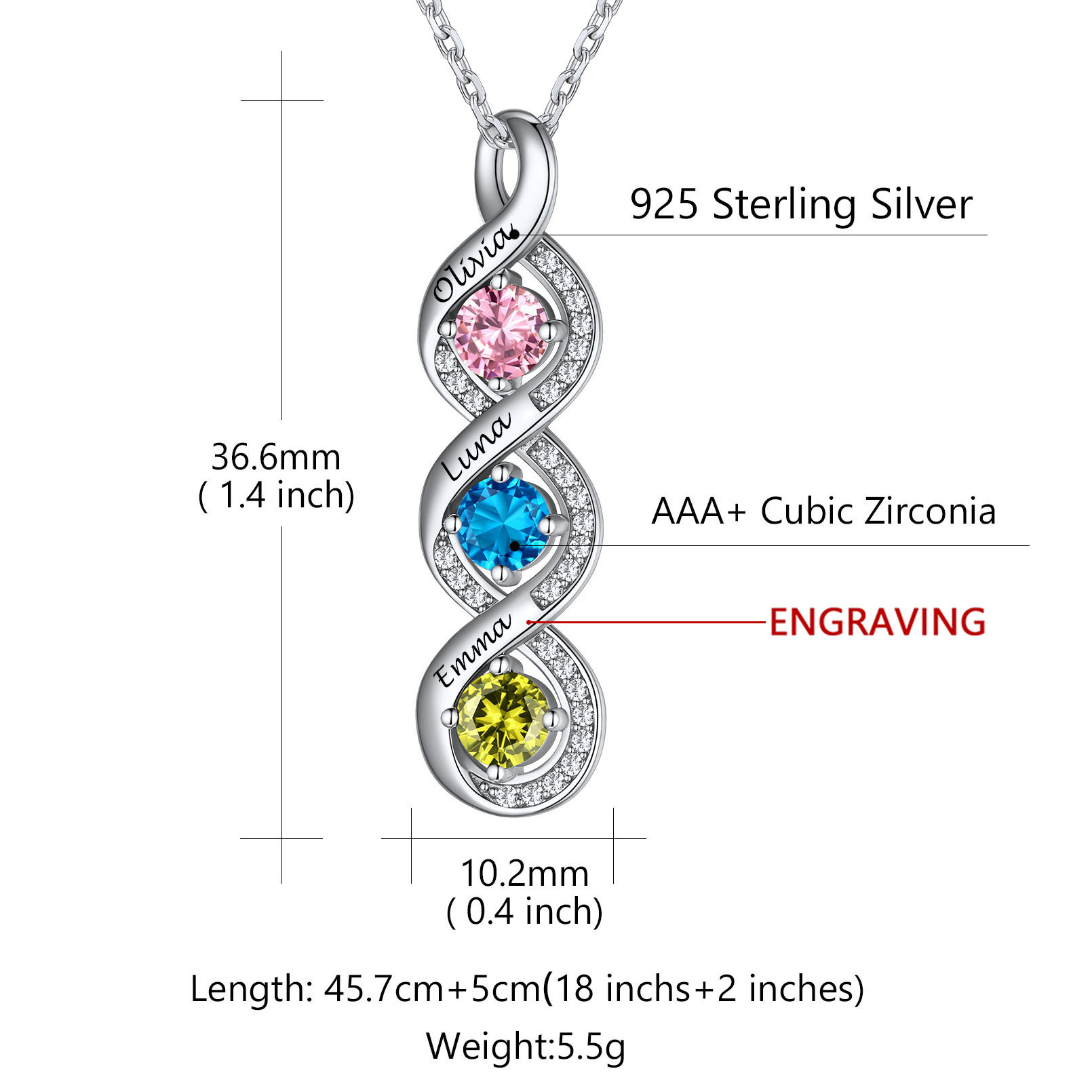 Personalized Infinity 1-4 Birthstone Necklace for Women 3 stone detail