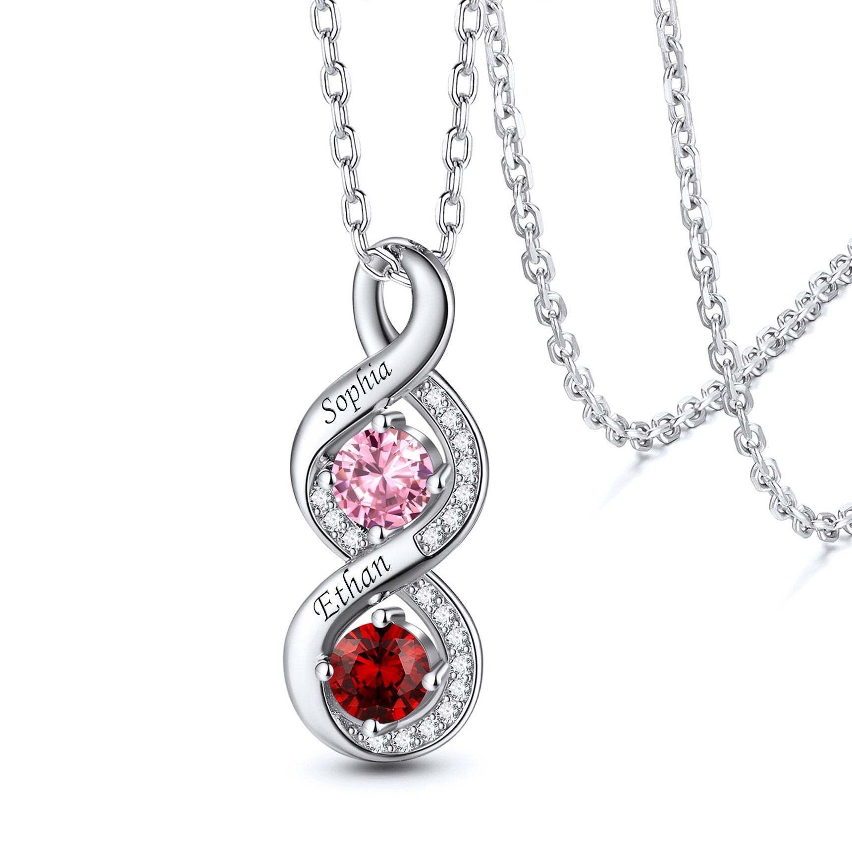 Personalized Sterling Silver Infinity 1-4 Birthstones Necklace for Mom with Kids Names
