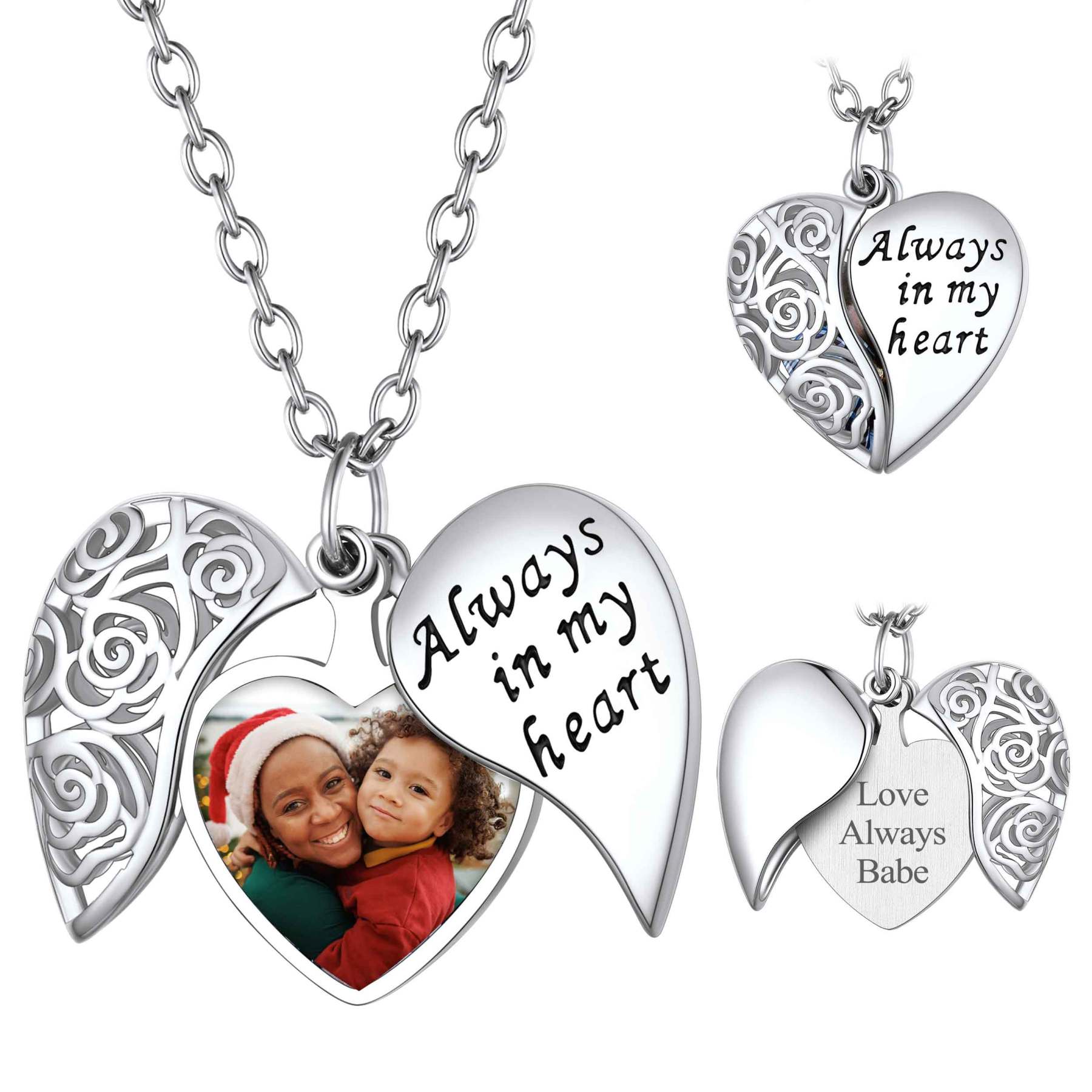 Customized Engraved Rose Heart Photo Locket Necklace For Women