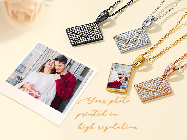 Custom Photo Necklaces for Women Envelope Pendant with Zirconia Stone color