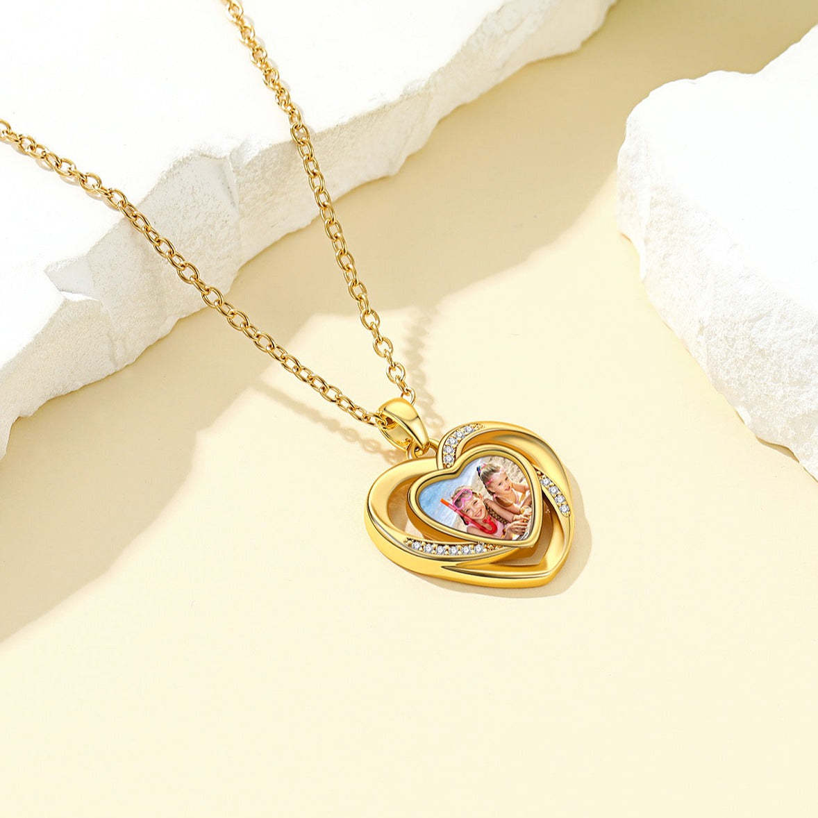 Custom4U Customized Double Heart Photo Necklace-Gold Plated
