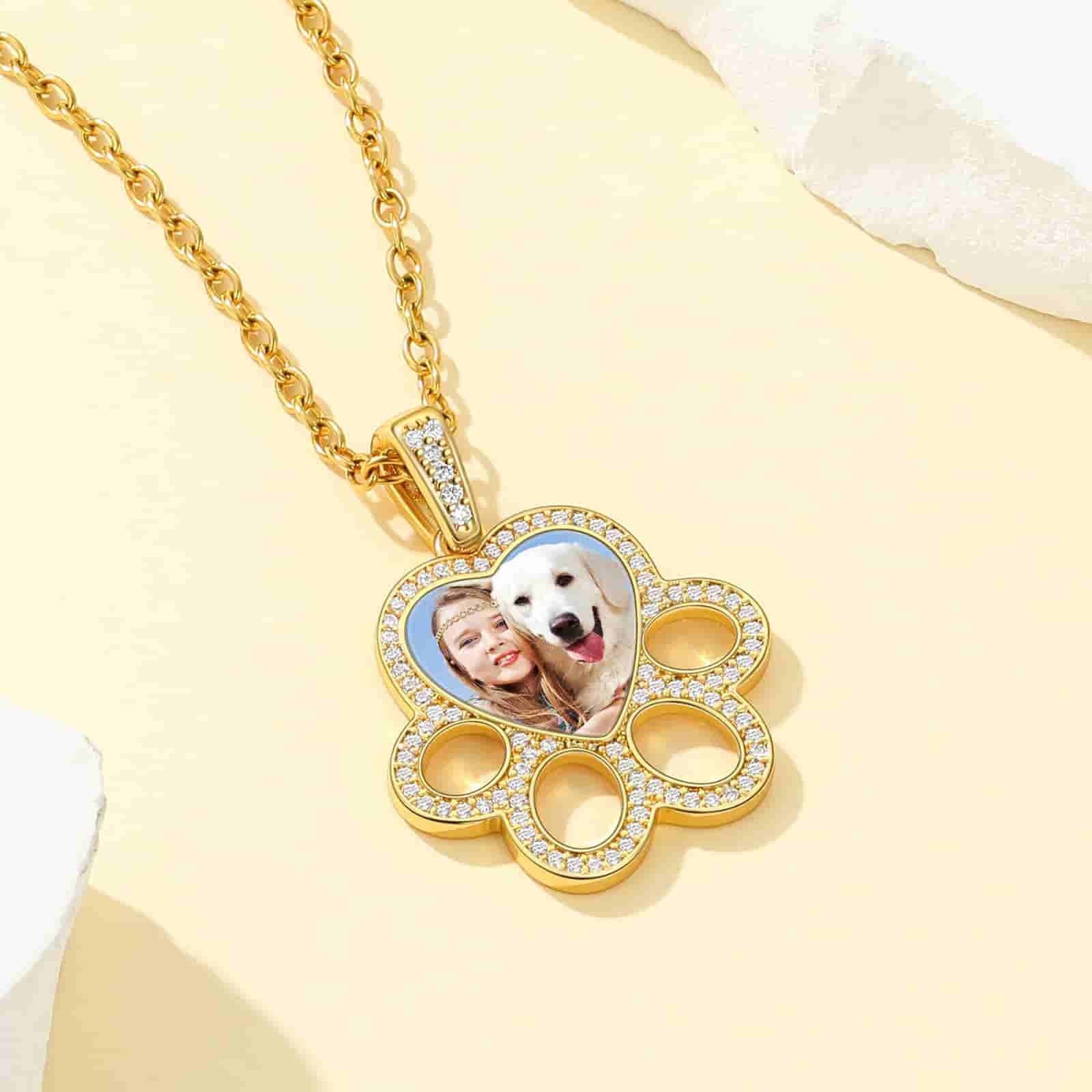 Personalized Dog Paw Photo Pendant Necklace gold