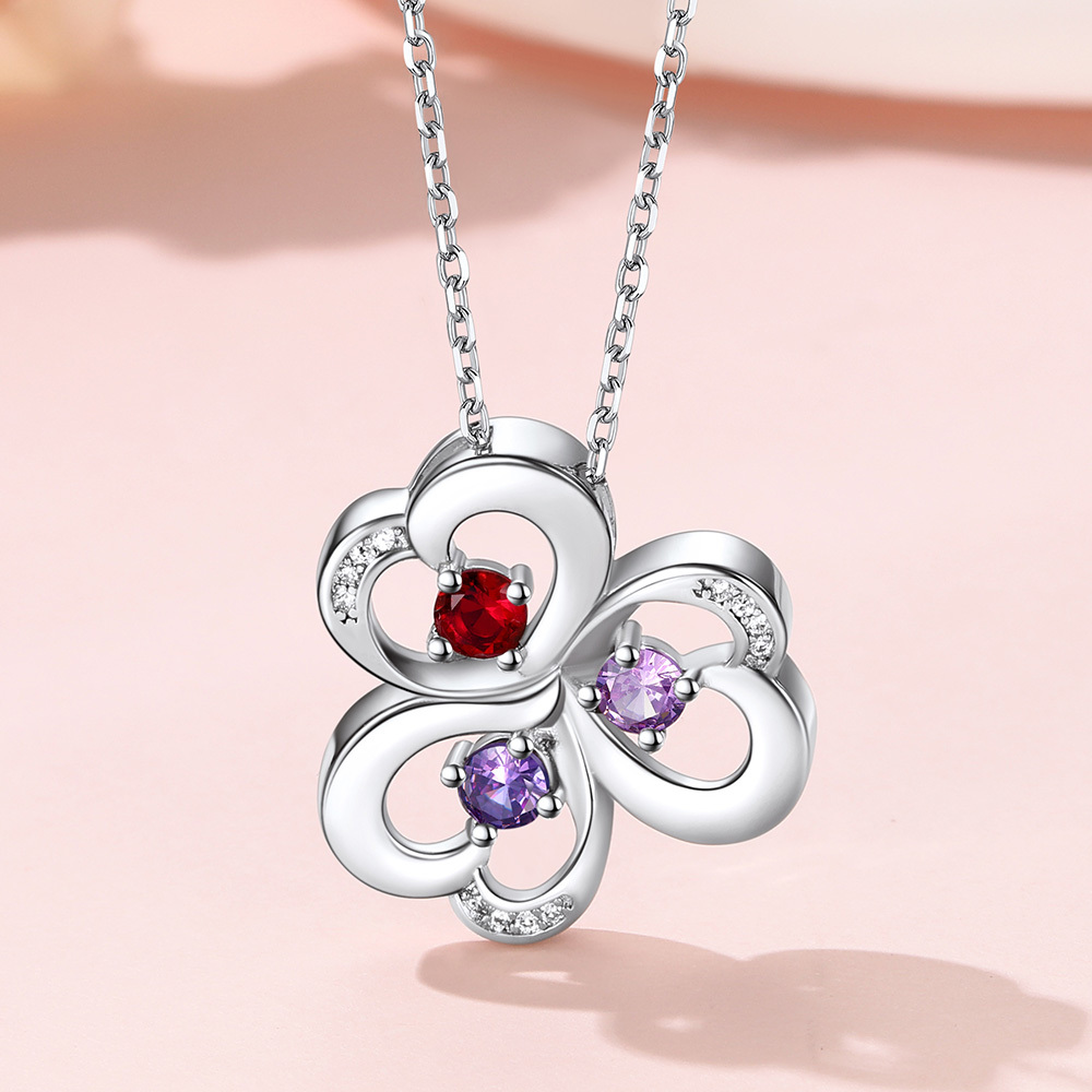 Personalized Heart Lucky Leaf Clover Birthstone Necklace 3 birthstone detail