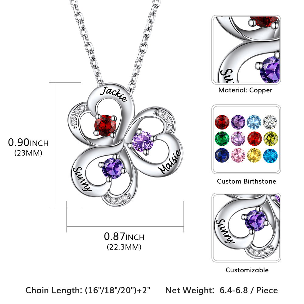 Personalized Heart Lucky Leaf Clover Birthstone Necklace 3 birthstone size