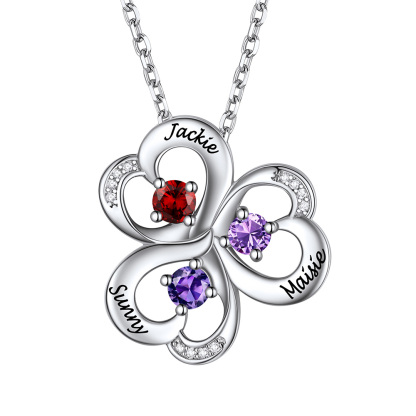Personalized Heart Lucky Leaf Clover Birthstone Necklace 3 birthstone
