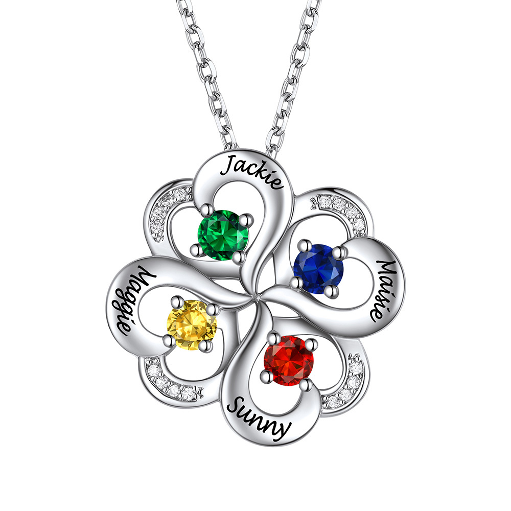 Personalized Heart Lucky Leaf Clover Birthstone Necklace 4 birthstone