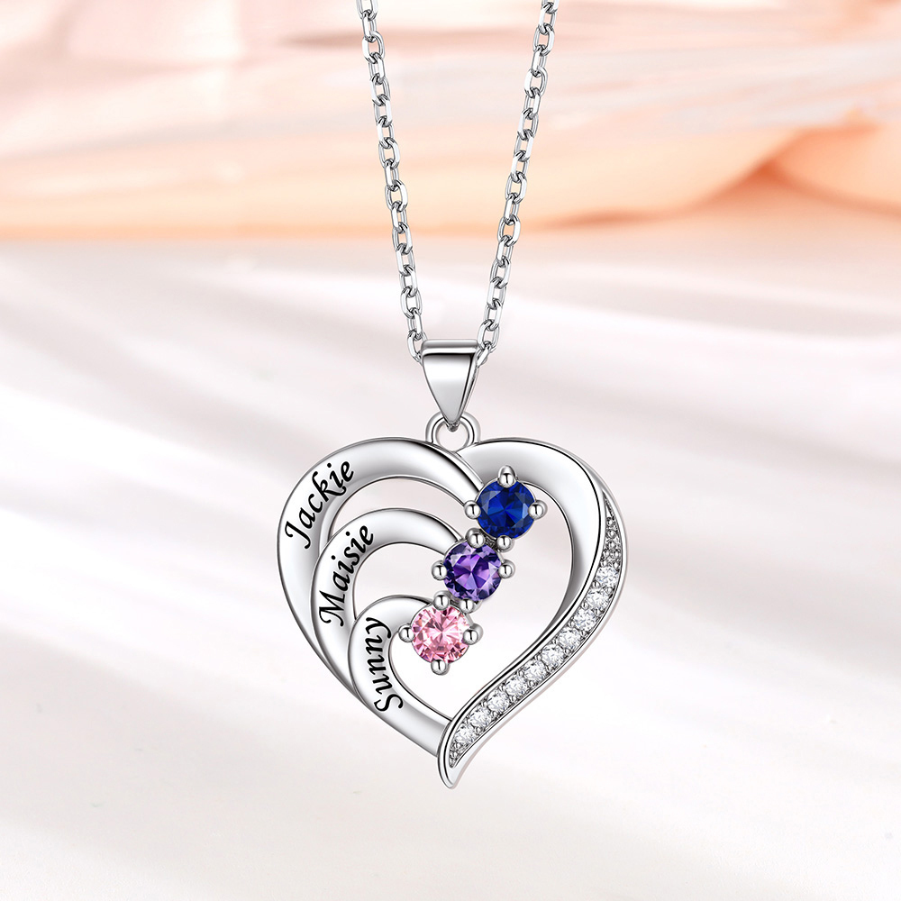 Family 3 Birthstone Heart Necklace With Names 