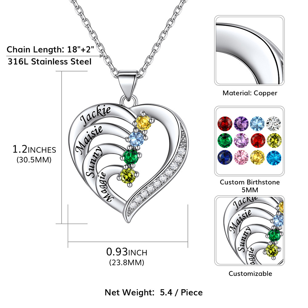 Family Birthstone Heart Necklace With Names for Women size