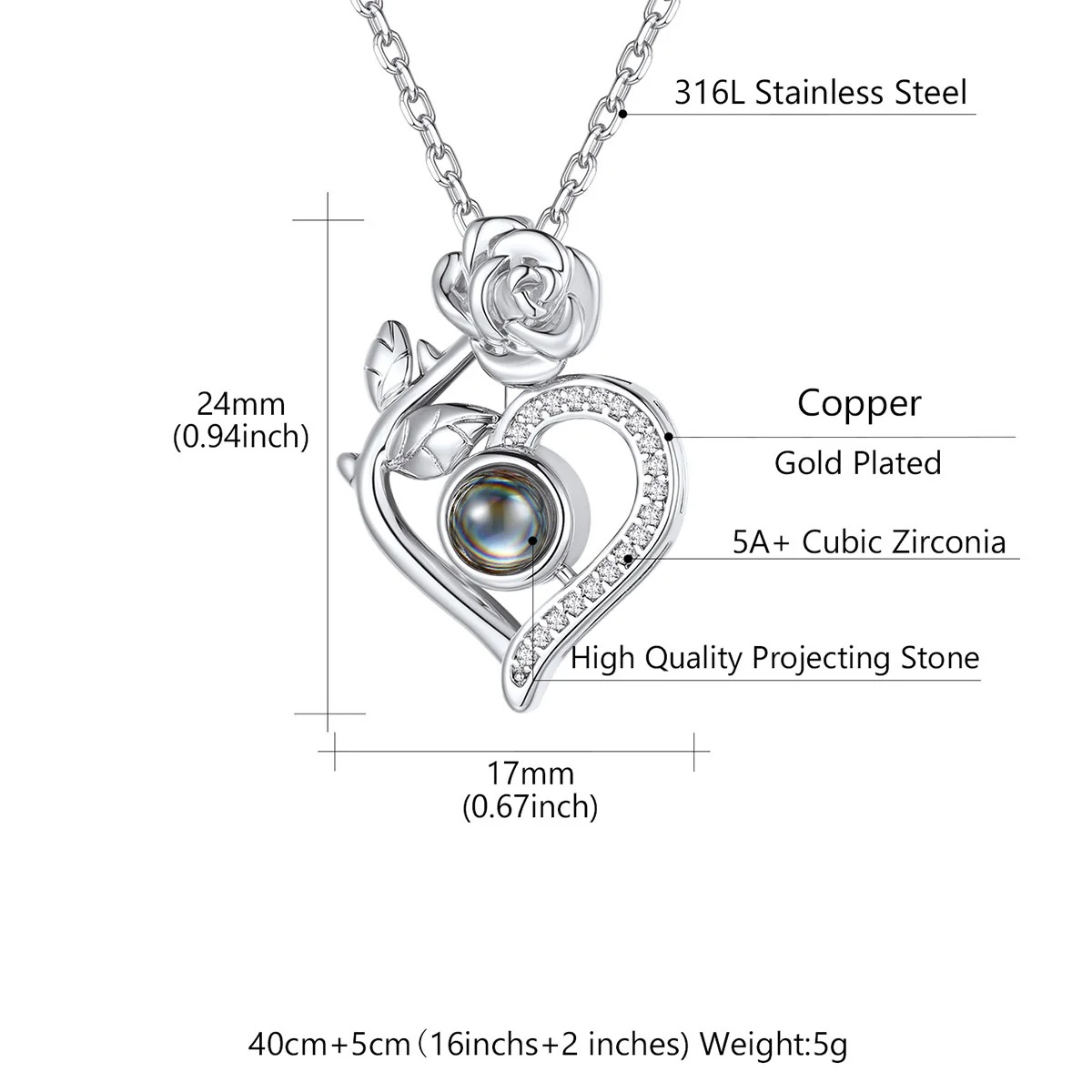 Rose Heart Photo Projection Necklace in stainless steel