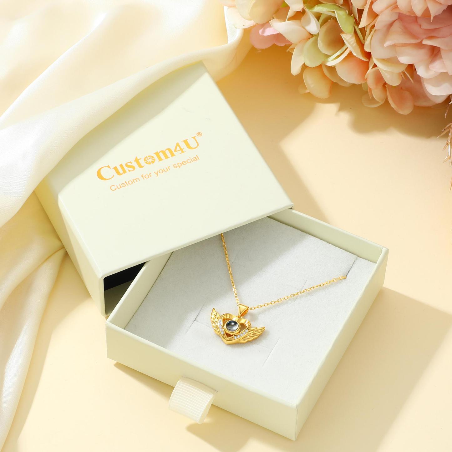 Custom Angel Wing Photo Projection Necklace for Women with Gift Box