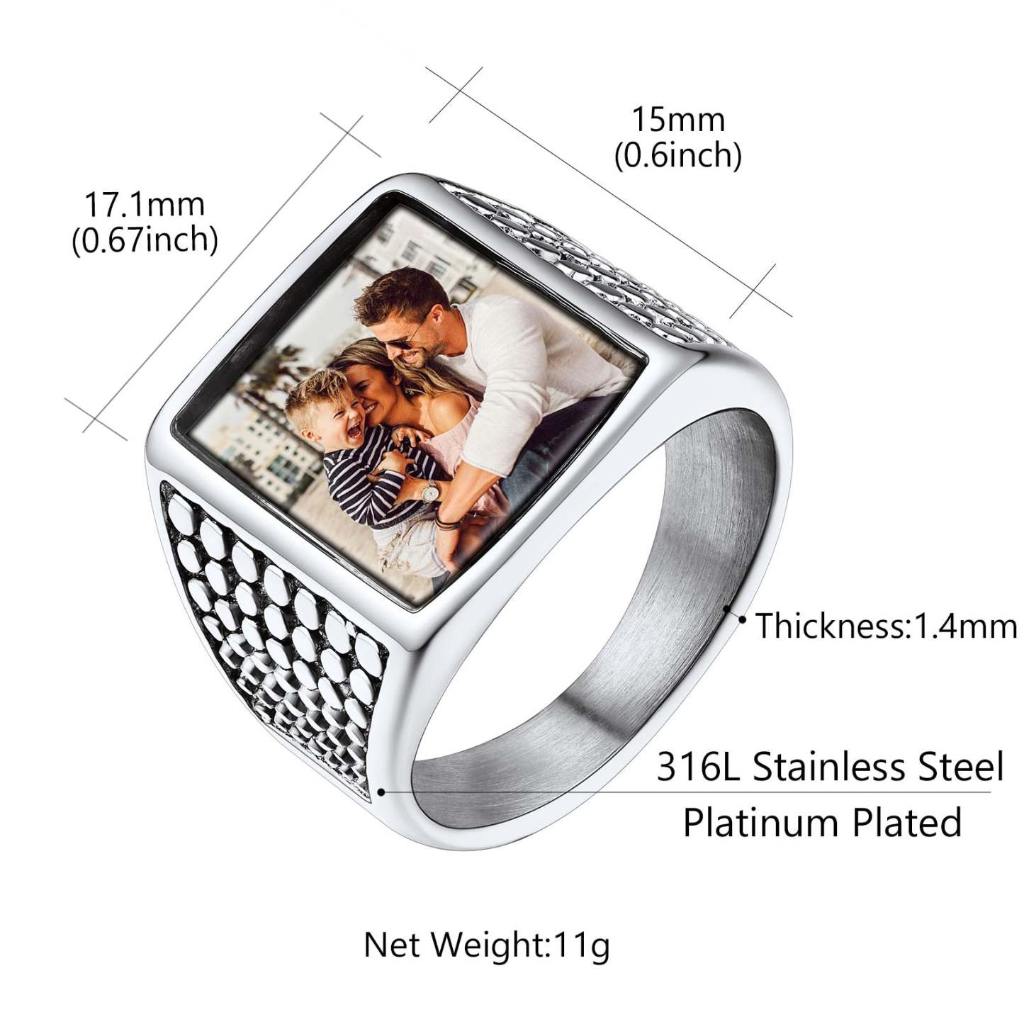 Personalized Square Engraved Signet Rings with Pictures size