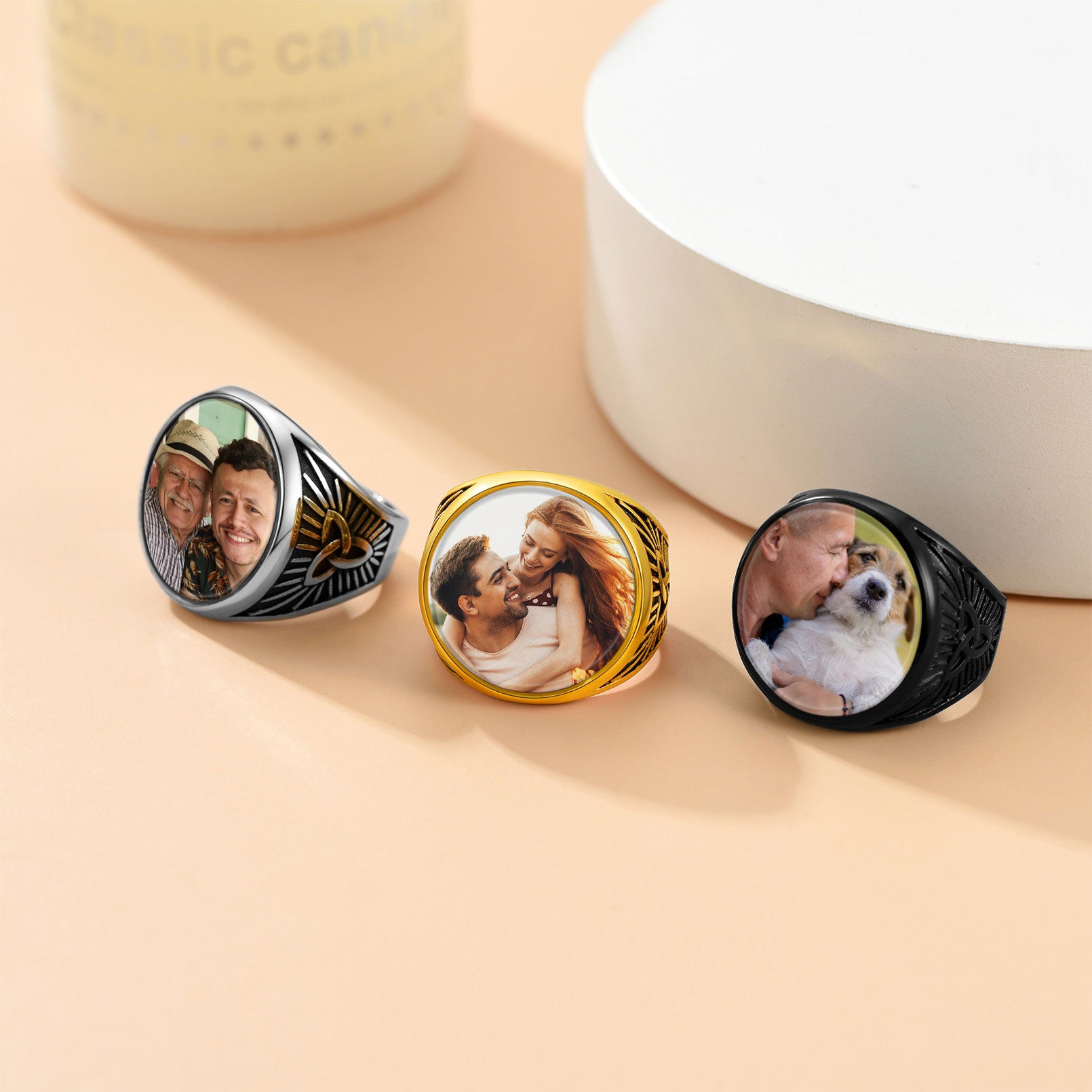 Personalized Celtic Knot Round Signet Ring with Picture for Men color