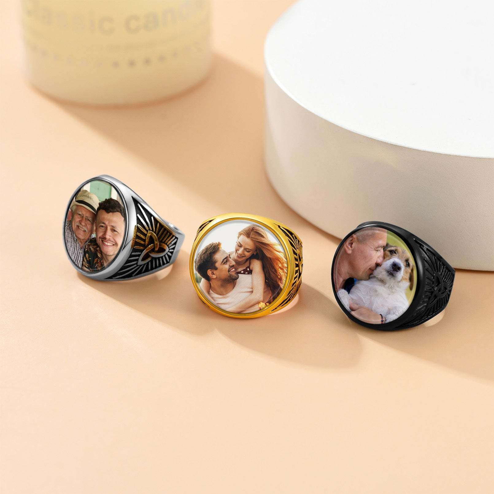 Personalized Celtic Knot Round Signet Ring with Picture for Men color