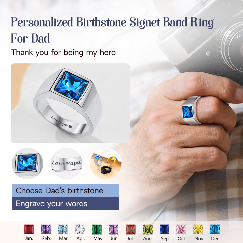 Personalized Square Cut Birthstone Signet Band Ring for Men engraved