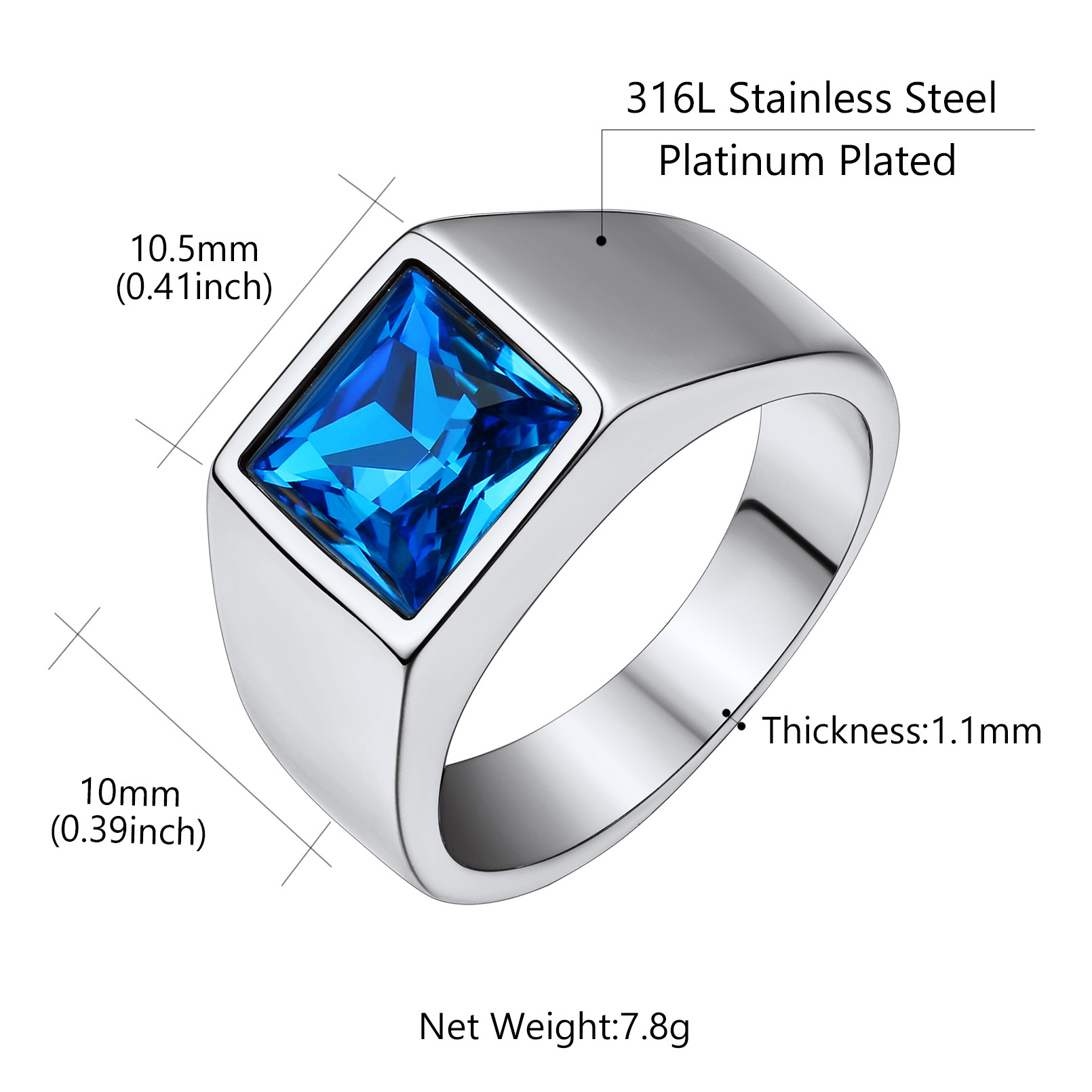 Personalized Square Cut Birthstone Signet Band Ring for Men Silver Size