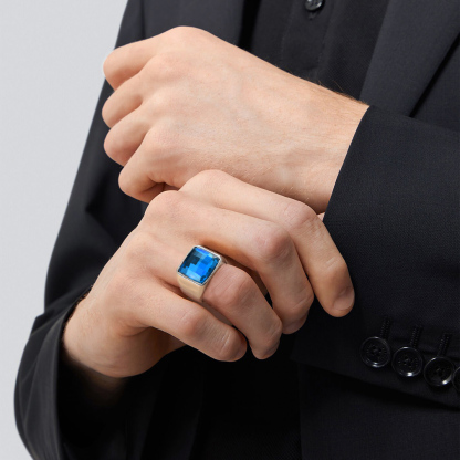 Mens Gemstone Birthstone Signet Band Ring Model Silver