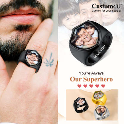 Customized Shield Photo Signet Ring with Name Engraving