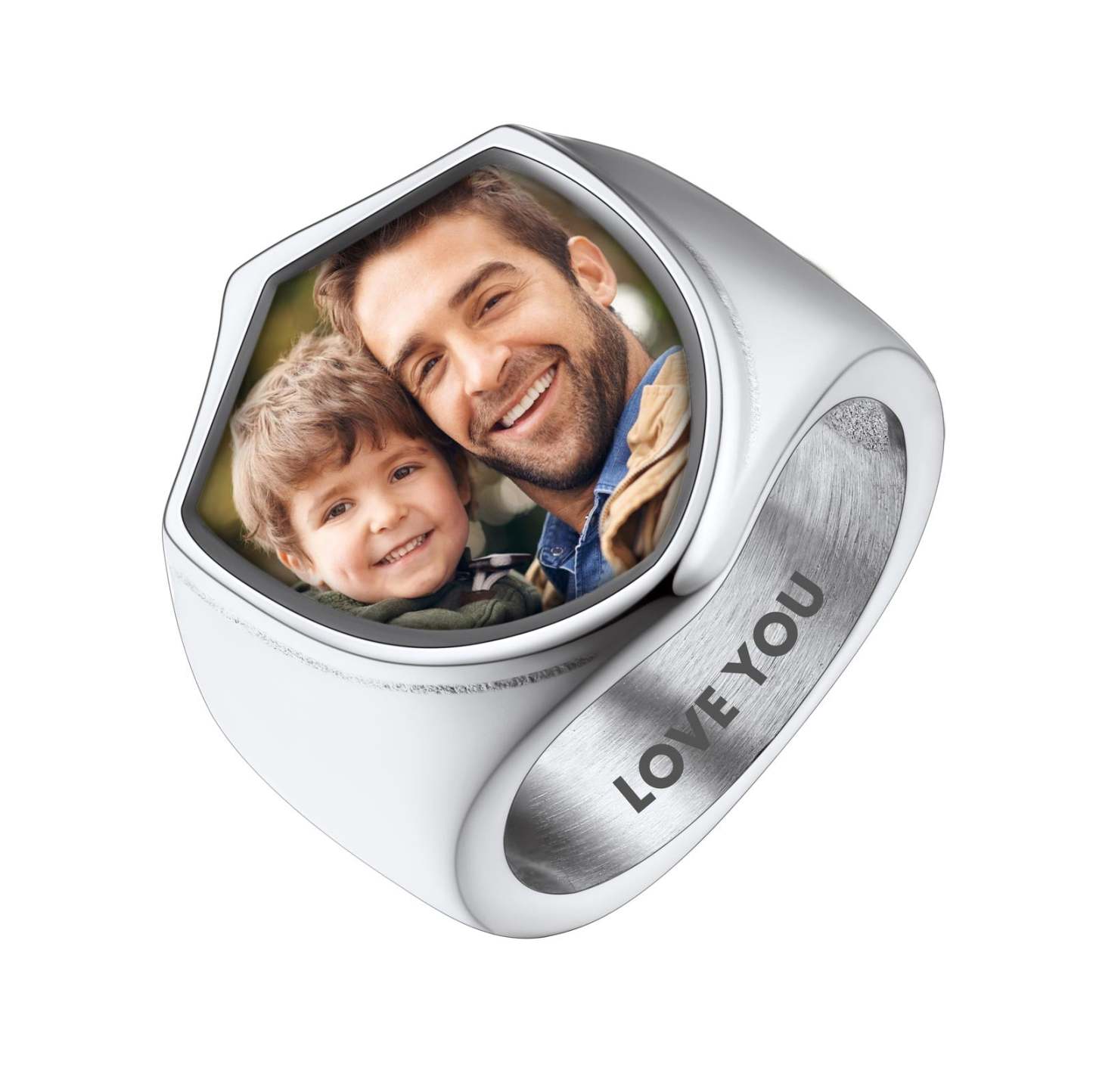 Customized Shield Photo Signet Ring with Name Engraving