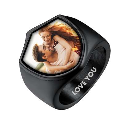 Customized Shield Photo Signet Ring with Name Engraving