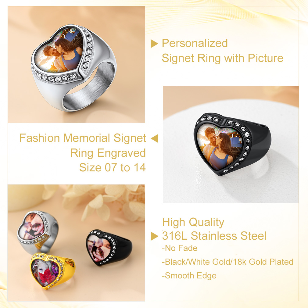 Personalized Heart Shape Signet Photo Rings for Men Women stainless steel