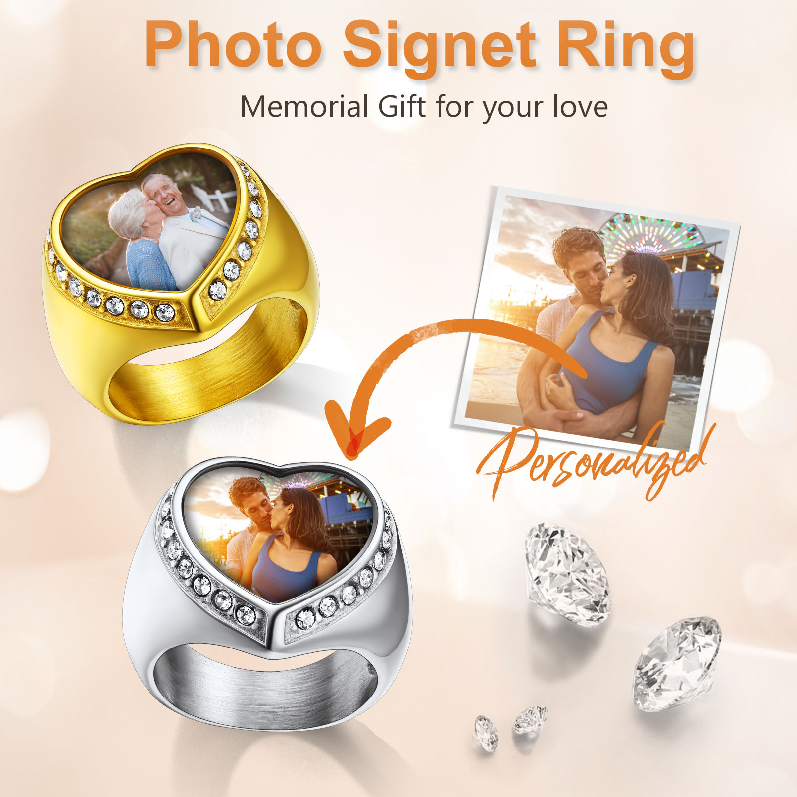 Personalized Heart Shape Signet Photo Rings detail
