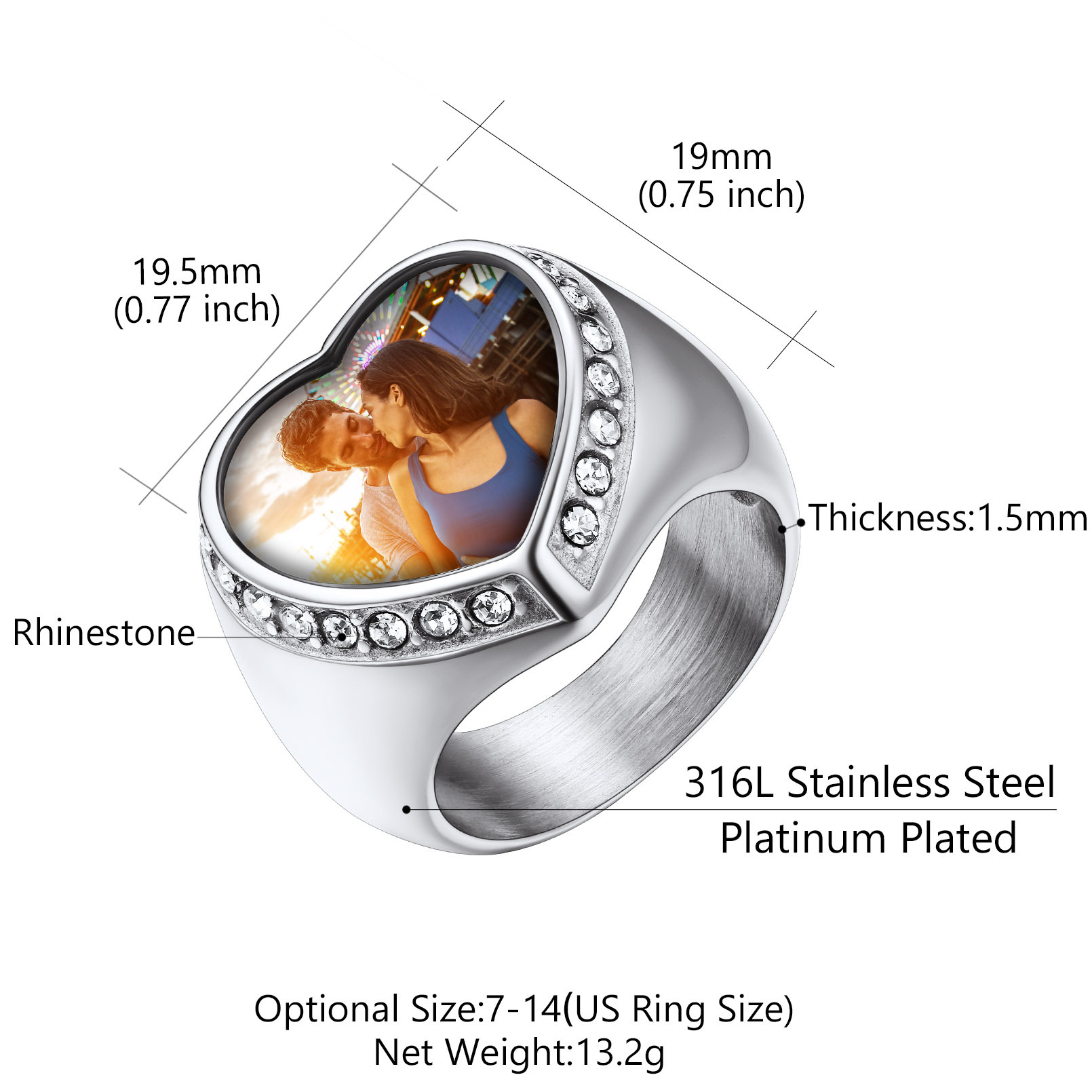 Personalized Heart Shape Signet Photo Rings for Men Women size