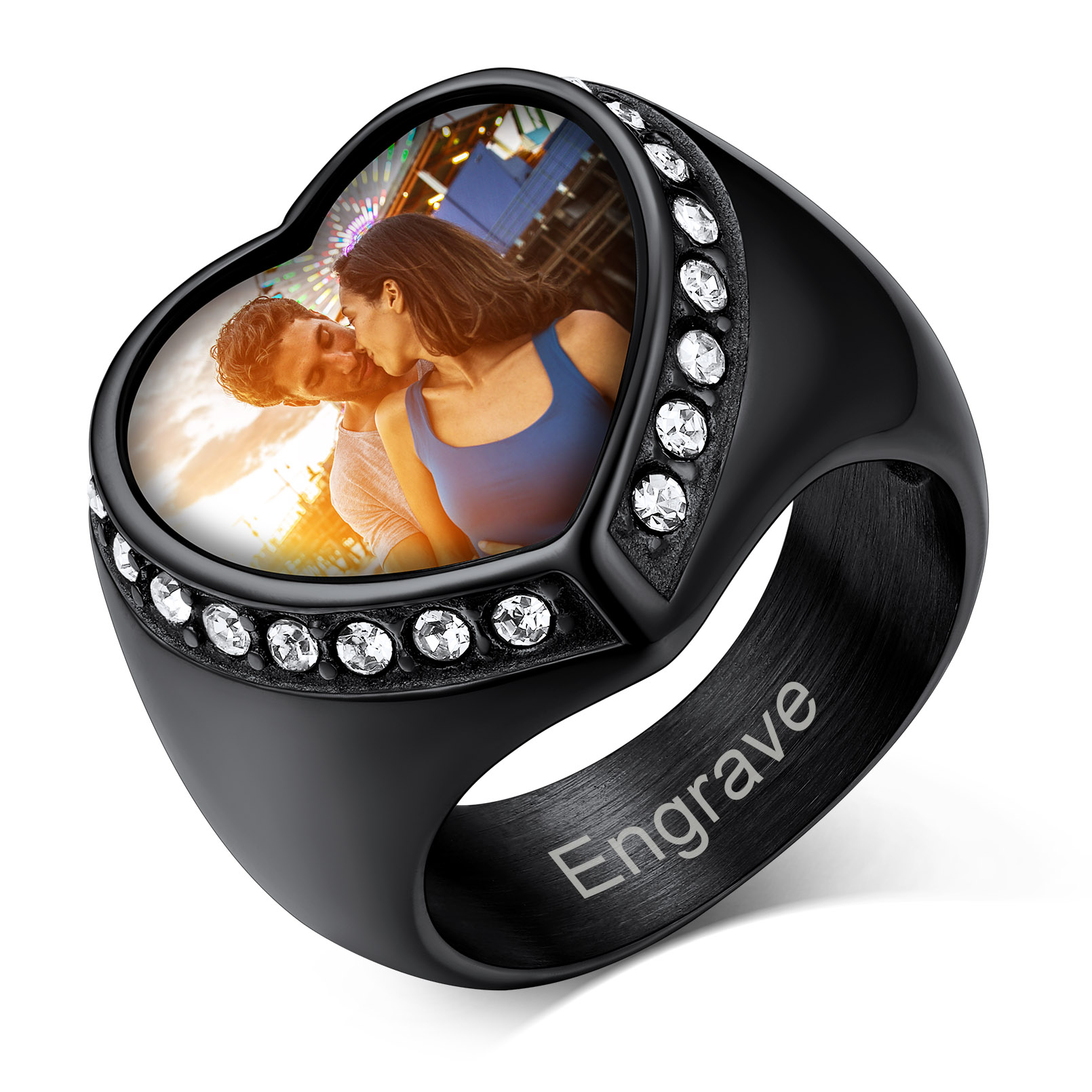 Personalized Heart Shape Signet Photo Rings for Men Women black