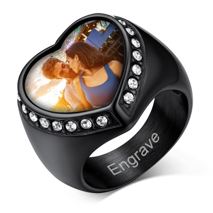 Personalized Heart Shape Signet Photo Rings for Men Women black
