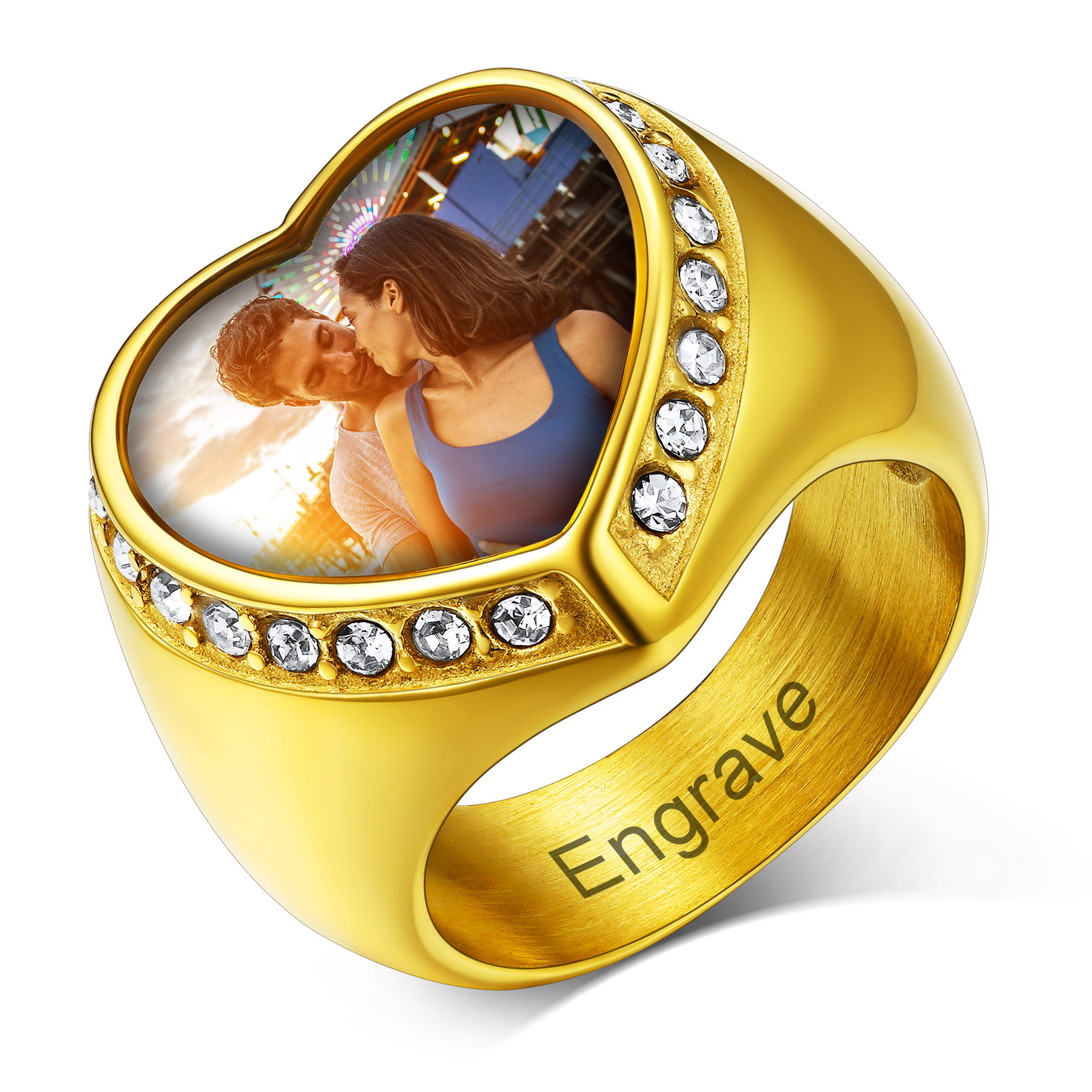 Personalized Heart Shape Signet Photo Rings for Men Women gold