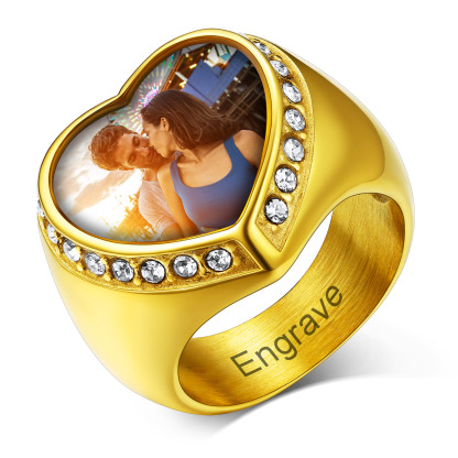 Personalized Heart Shape Signet Photo Rings for Men Women gold