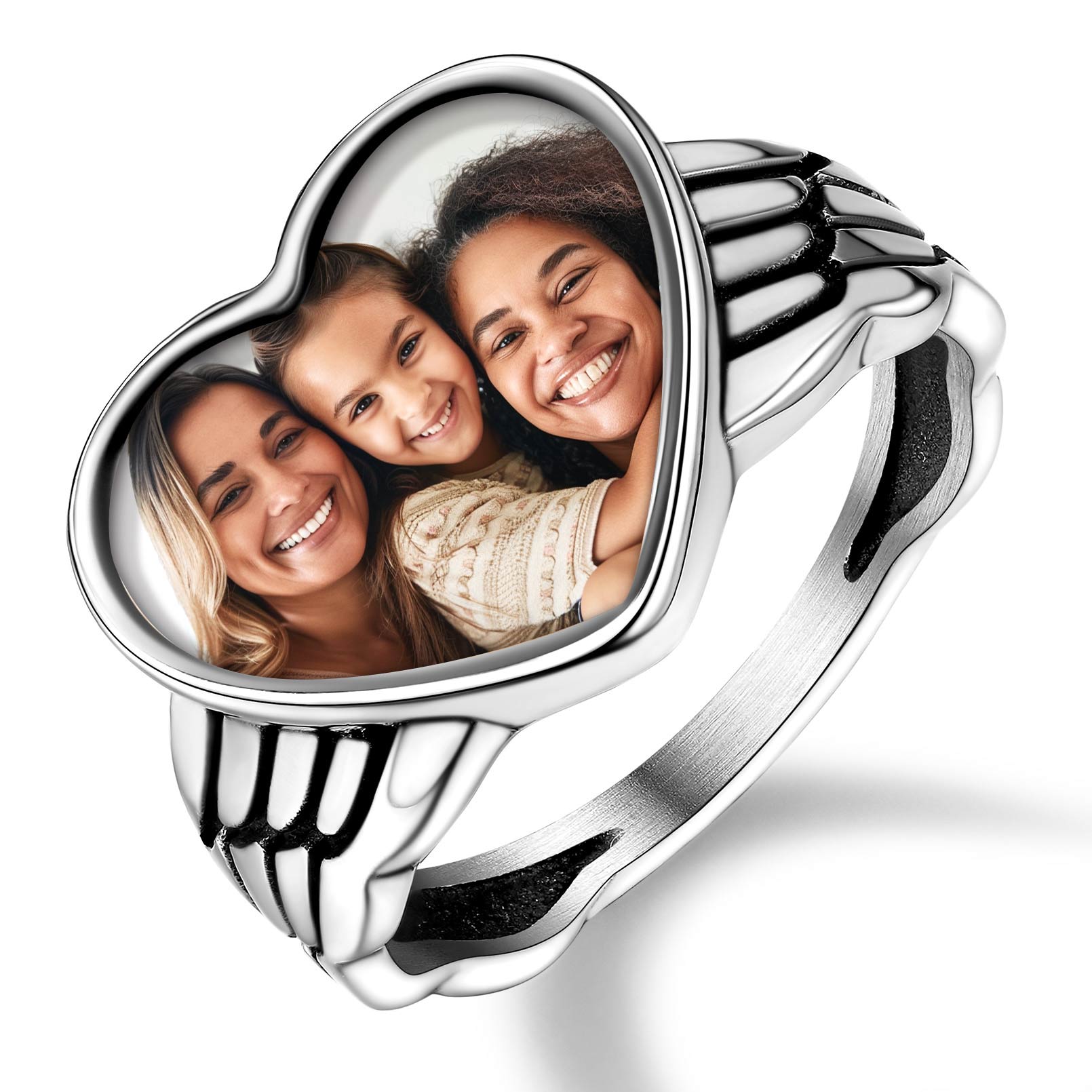 Custom4U Personalized Heart Photo Rings with Angel Wing for Women