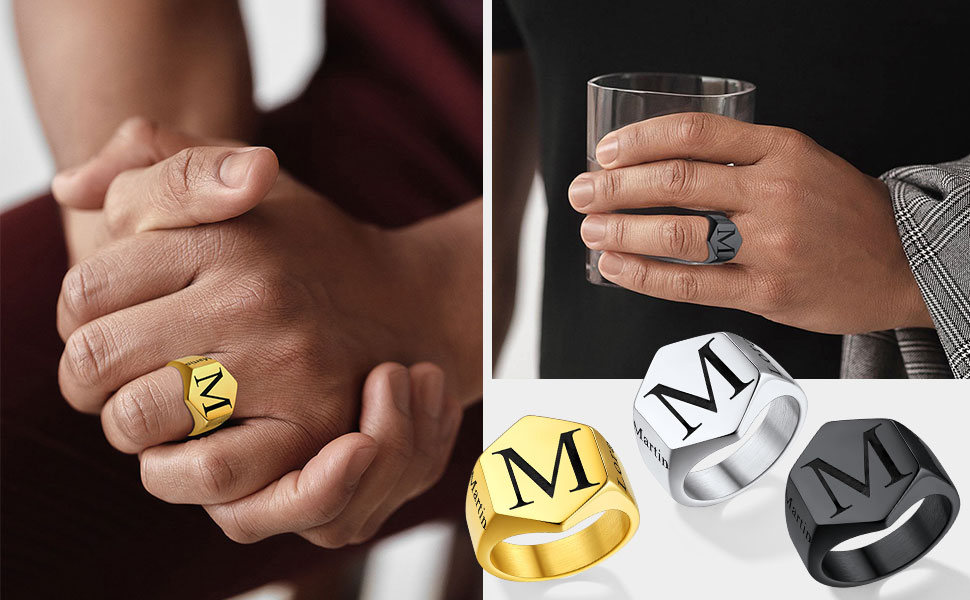 Personalized Engraved Hexagon Signet Rings model show
