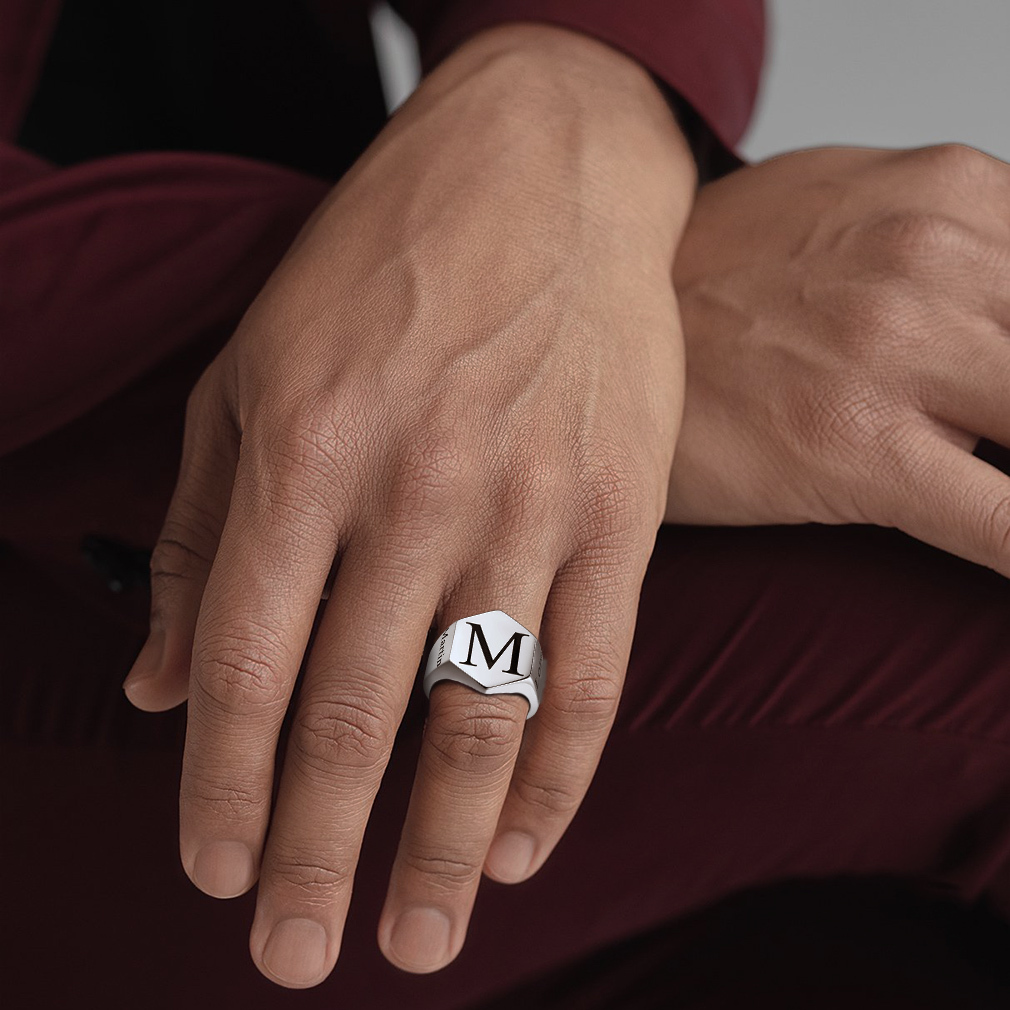  Personalized Engraved Hexagon Signet Rings for Men model