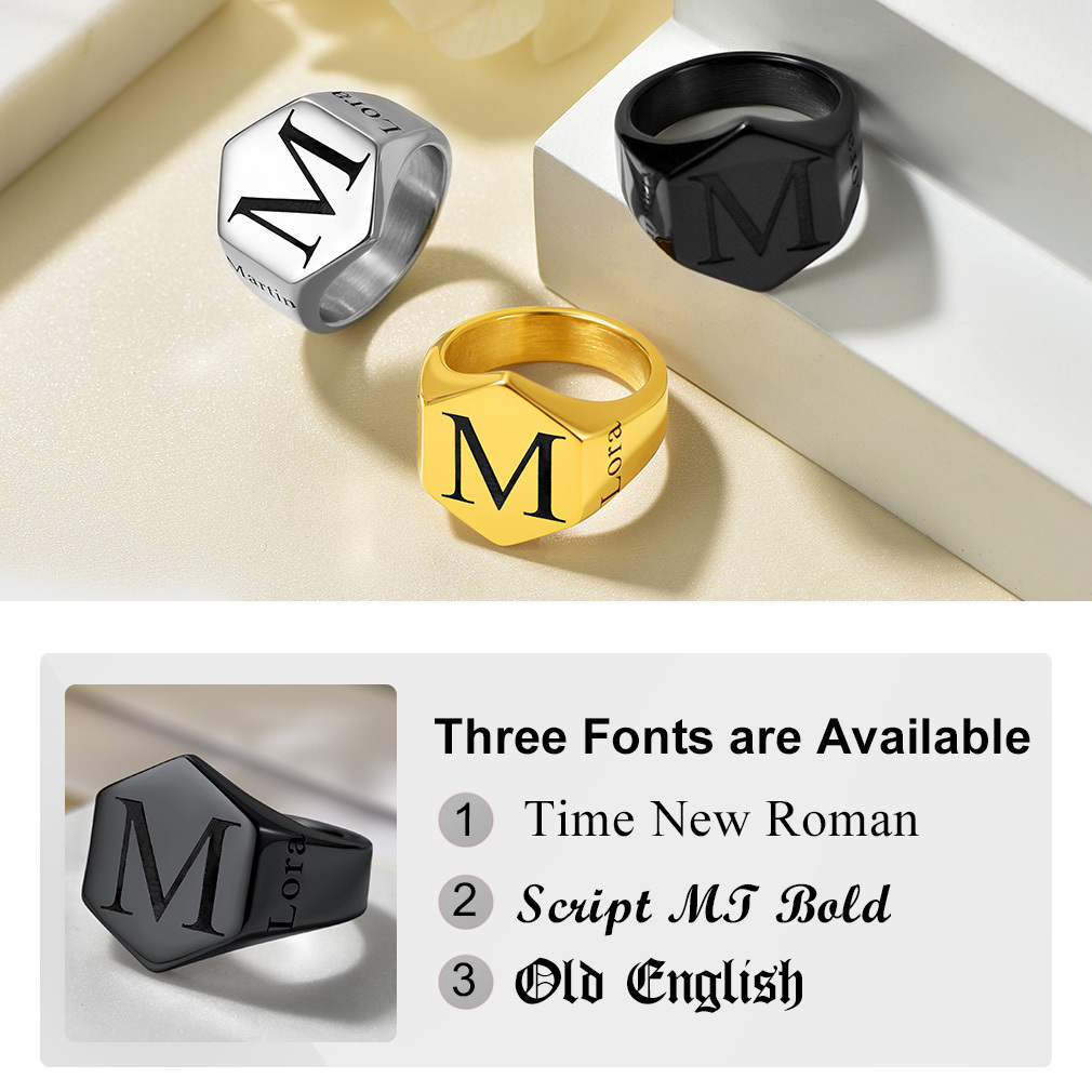 Personalized Engraved Hexagon Signet Rings for Men 3 fonts