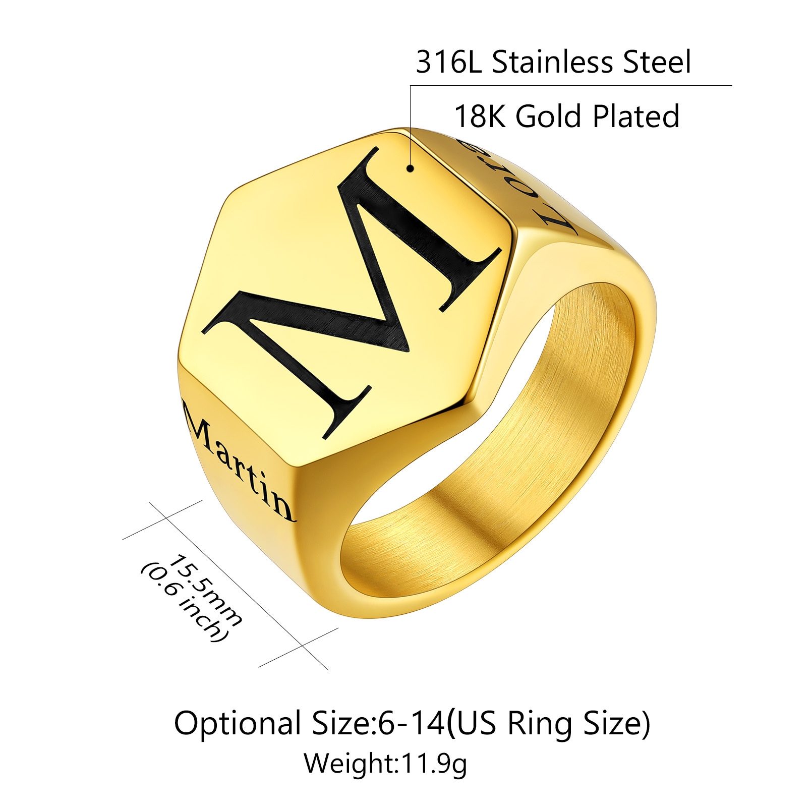 Personalized Engraved Hexagon Signet Rings for Men detail