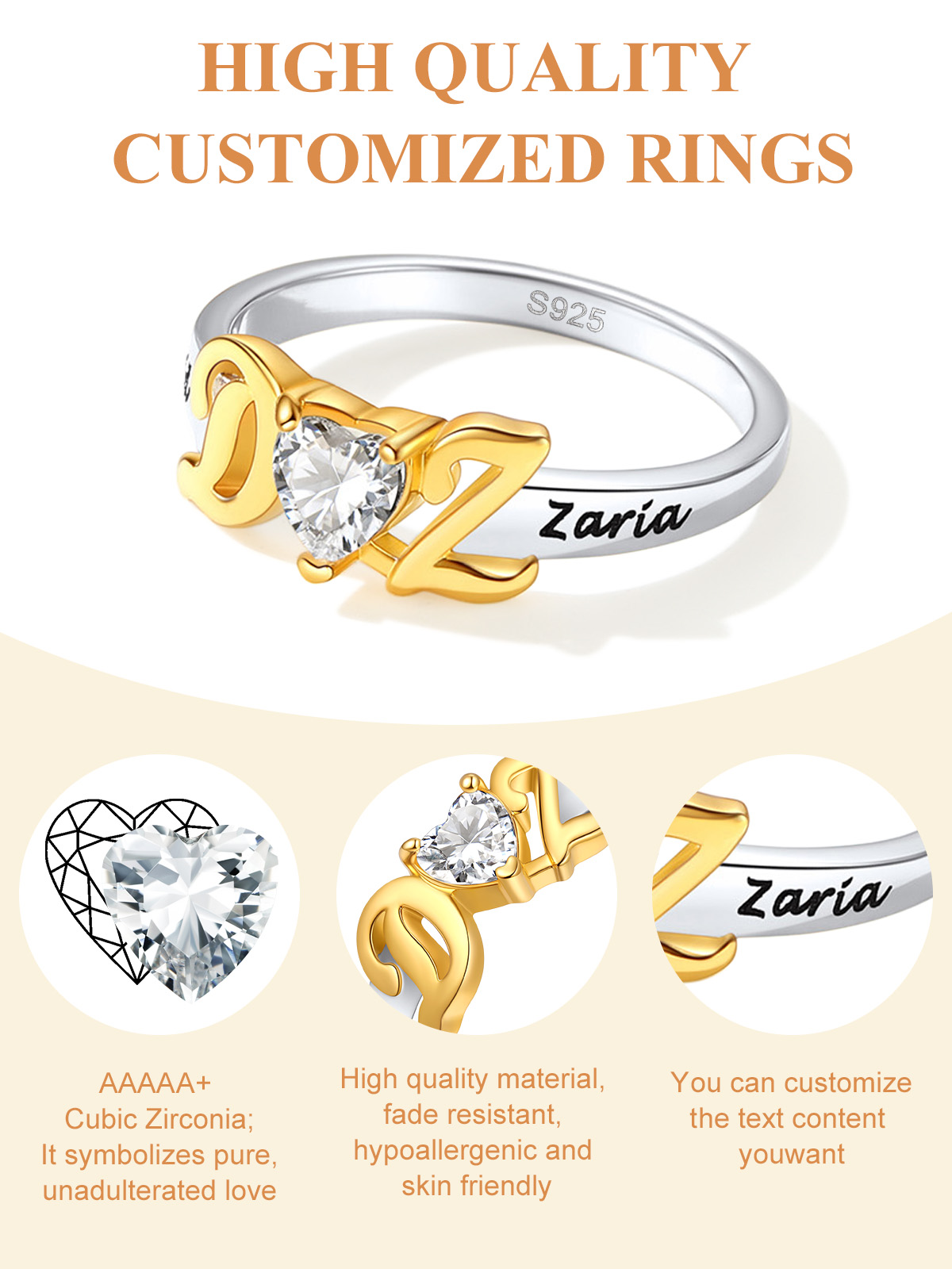 Personalized Initial Birthstone Heart Ring Gift for Women