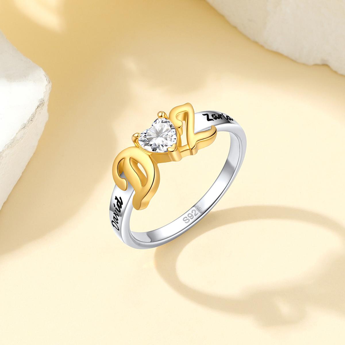 Gold Personalized Initial Birthstone Heart Ring