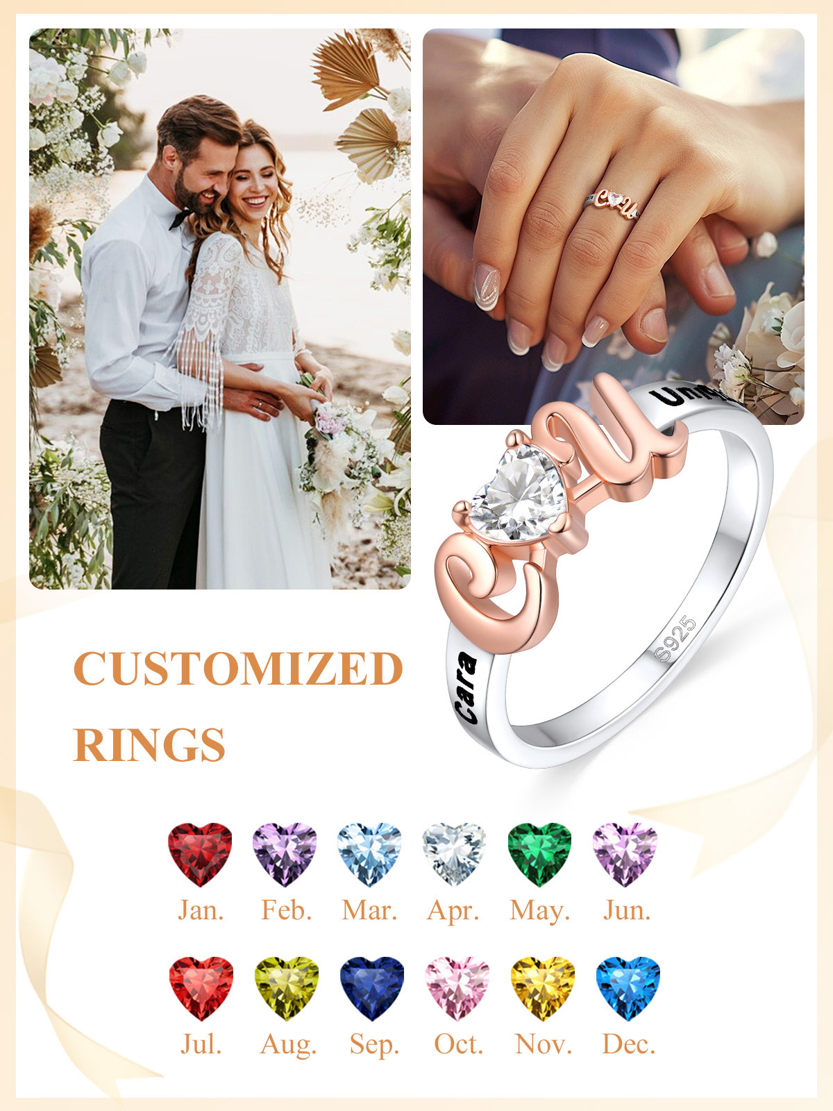 Personalized Initial Birthstone Heart Ring Valentine's Day Gift