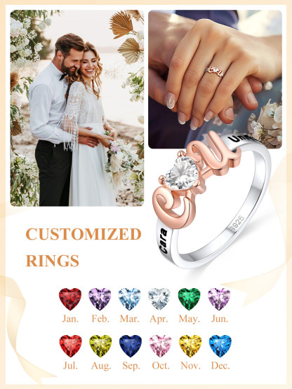 Personalized Initial Birthstone Heart Ring Valentine's Day Gift