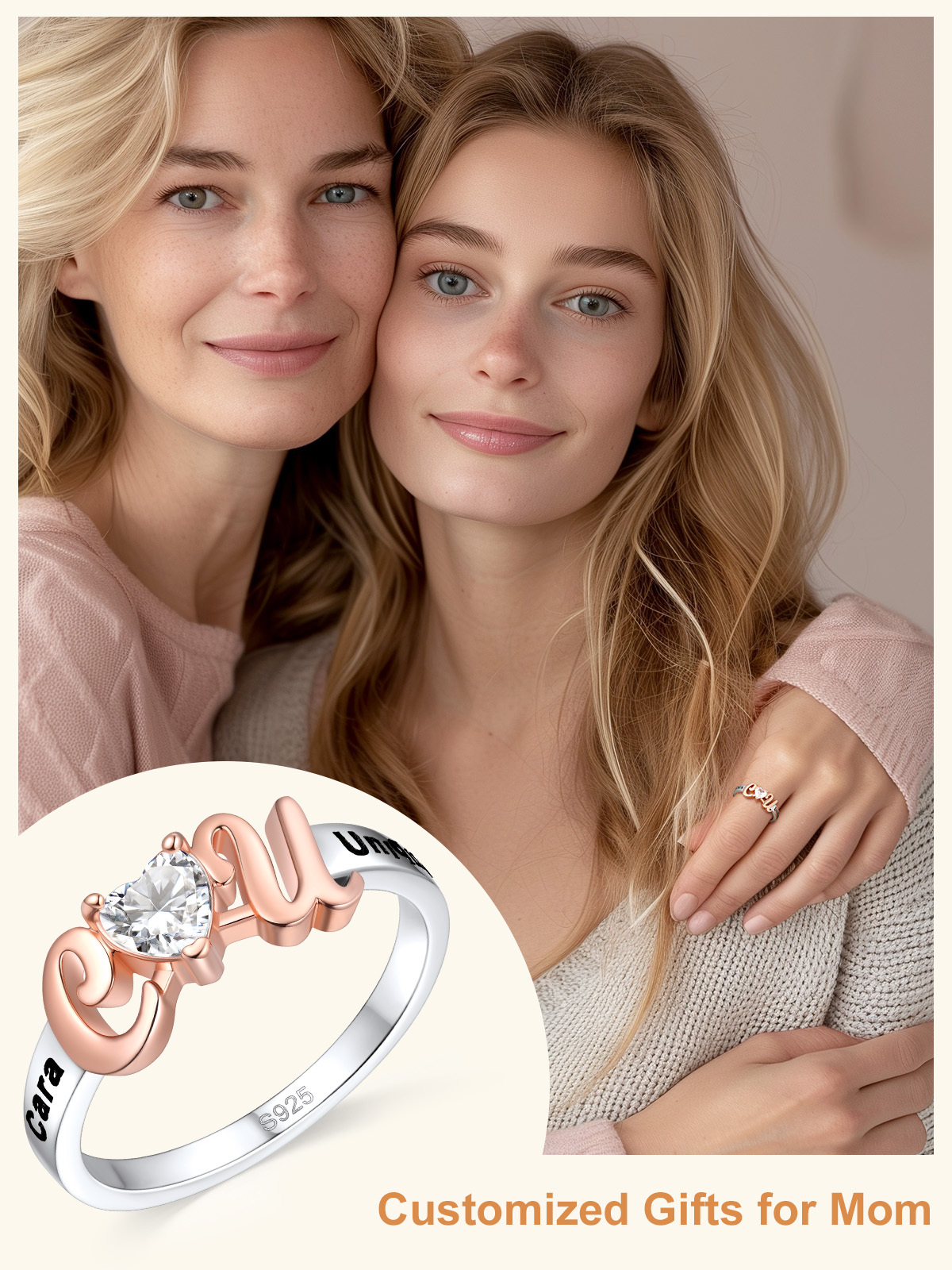 Personalized Initial Birthstone Heart Ring for Mom