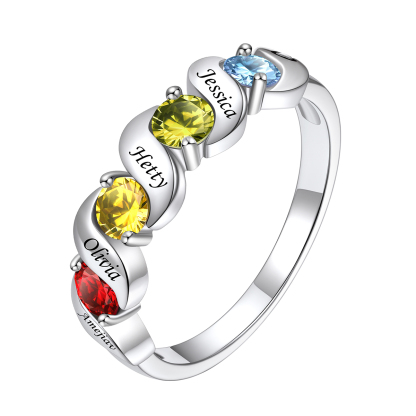 Personalized Birthstone Ring with Engraved Names for Mom