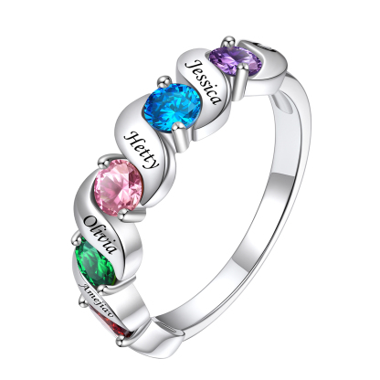 Personalized Birthstone Ring with Engraved Names for Mom